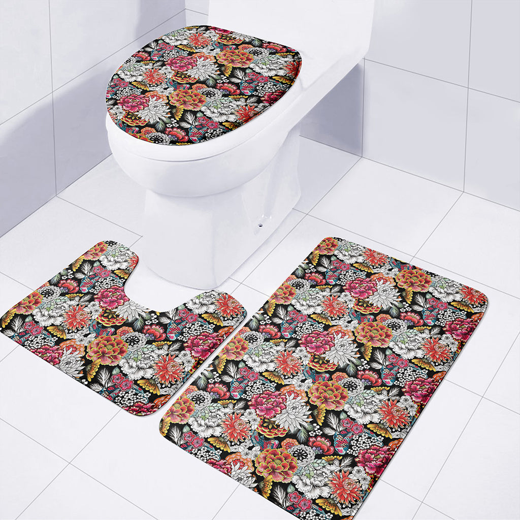 Asian Chrysanthemum Pattern Print 3 Piece Bath Mat Set