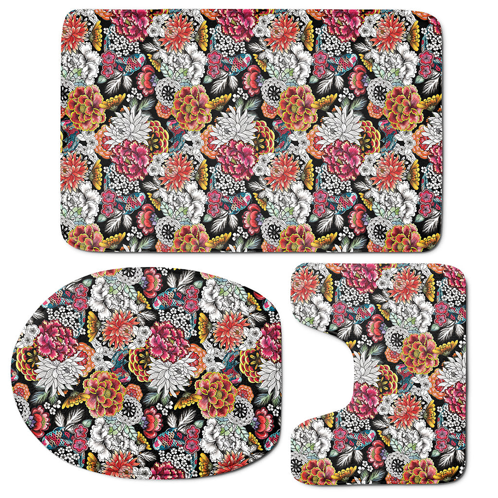 Asian Chrysanthemum Pattern Print 3 Piece Bath Mat Set