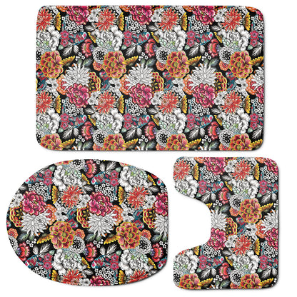 Asian Chrysanthemum Pattern Print 3 Piece Bath Mat Set