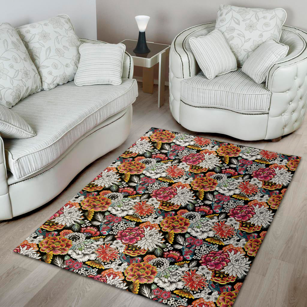 Asian Chrysanthemum Pattern Print Area Rug