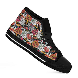 Asian Chrysanthemum Pattern Print Black High Top Shoes