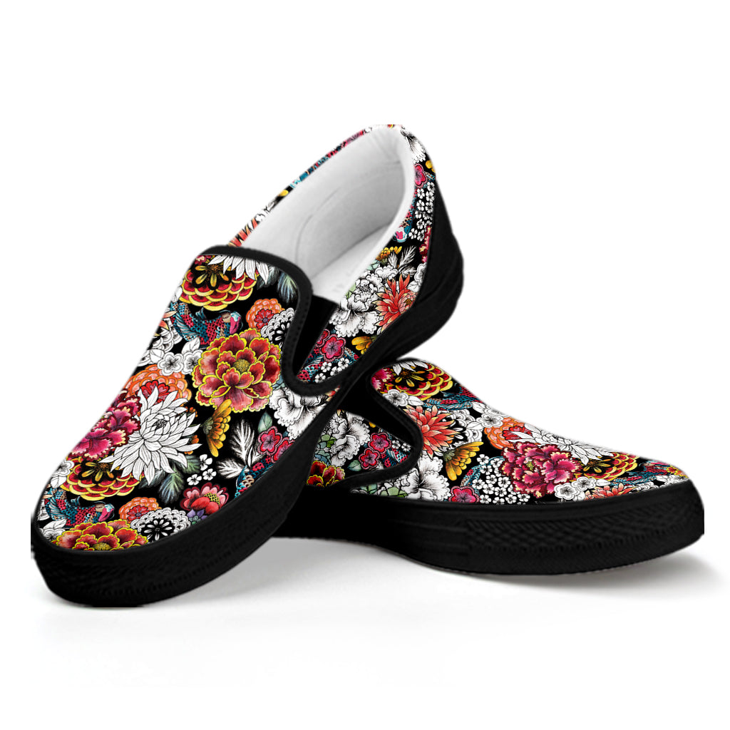 Asian Chrysanthemum Pattern Print Black Slip On Shoes