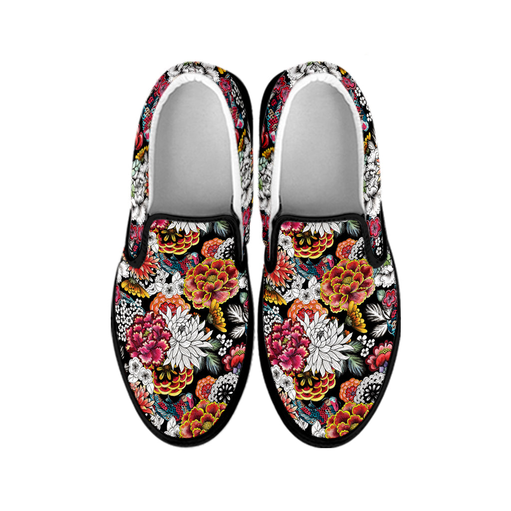 Asian Chrysanthemum Pattern Print Black Slip On Shoes