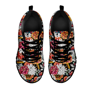 Asian Chrysanthemum Pattern Print Black Sneakers