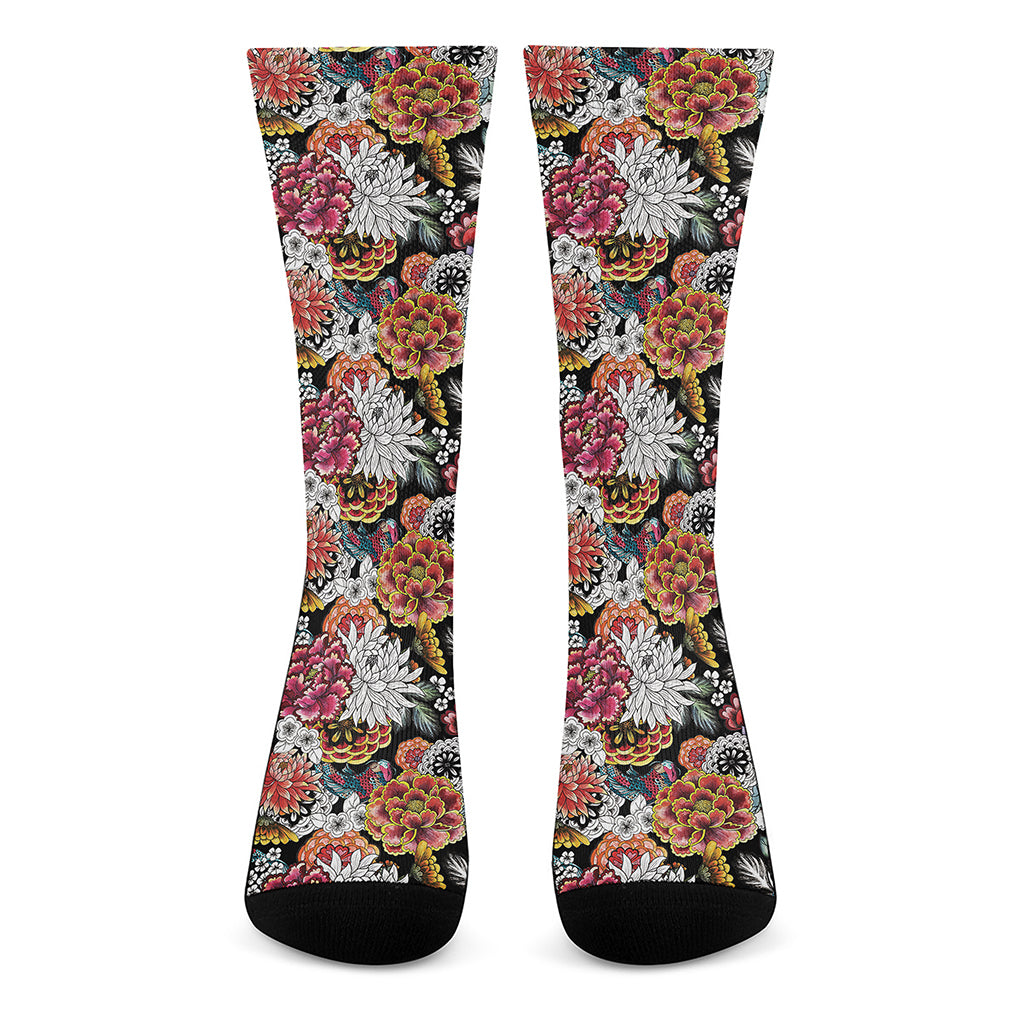 Asian Chrysanthemum Pattern Print Crew Socks