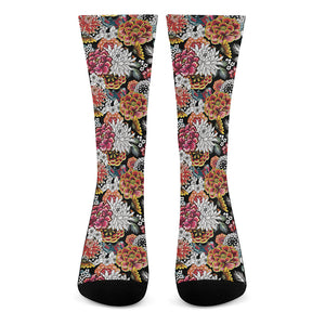 Asian Chrysanthemum Pattern Print Crew Socks