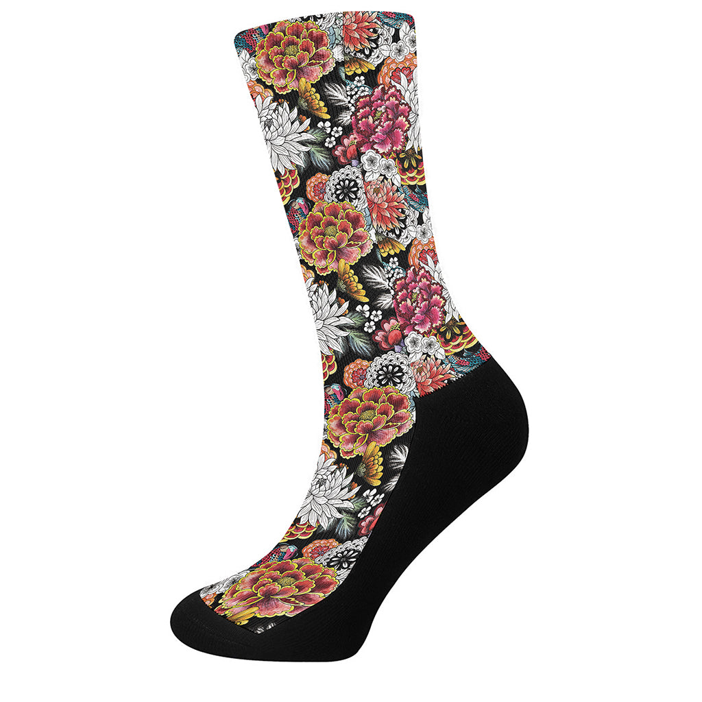 Asian Chrysanthemum Pattern Print Crew Socks