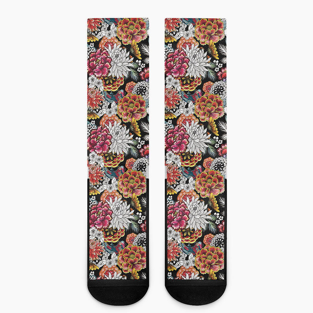 Asian Chrysanthemum Pattern Print Crew Socks