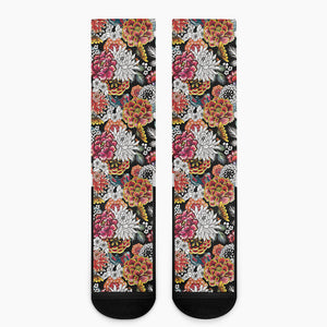 Asian Chrysanthemum Pattern Print Crew Socks