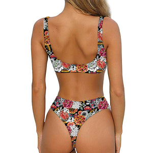 Asian Chrysanthemum Pattern Print Front Bow Tie Bikini