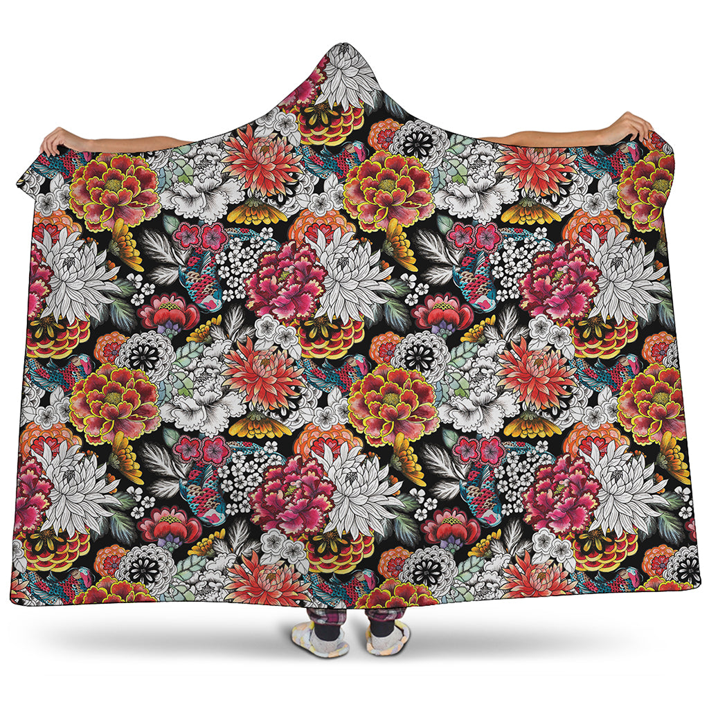 Asian Chrysanthemum Pattern Print Hooded Blanket