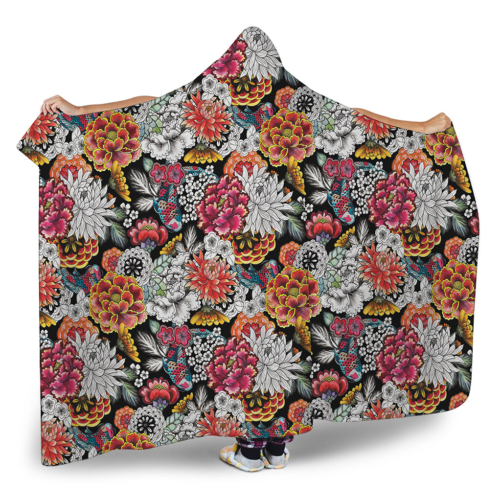 Asian Chrysanthemum Pattern Print Hooded Blanket