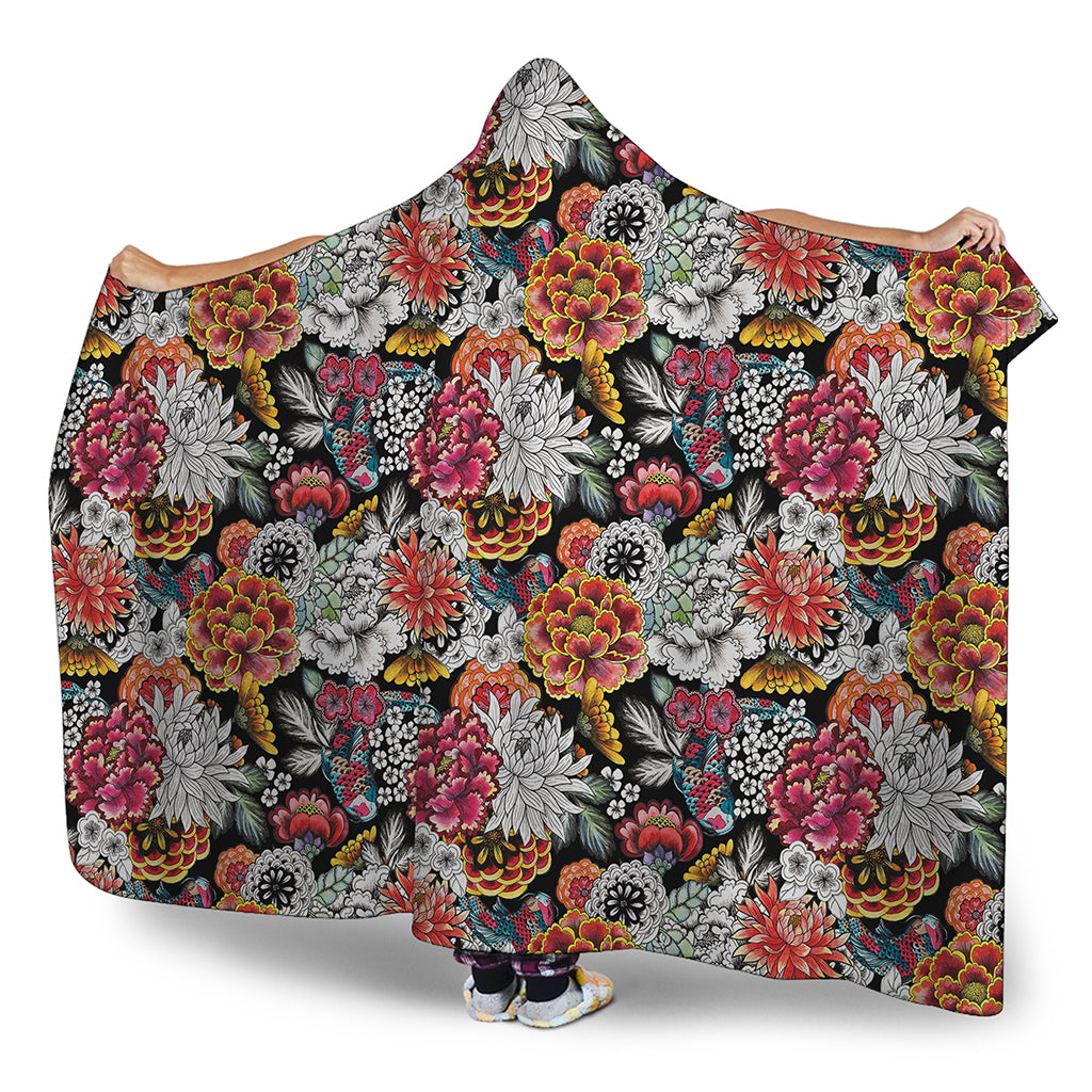 Asian Chrysanthemum Pattern Print Hooded Blanket