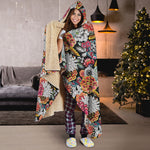 Asian Chrysanthemum Pattern Print Hooded Blanket