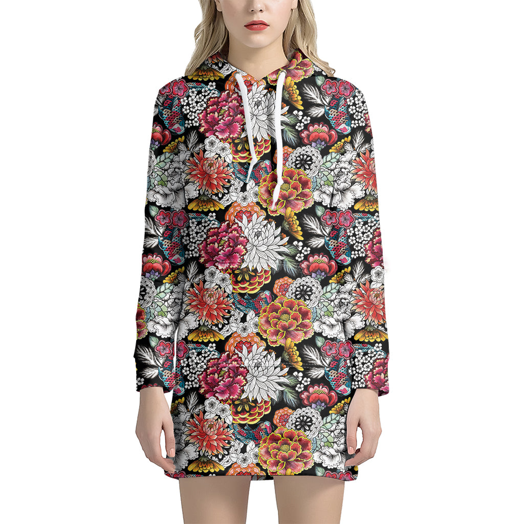 Asian Chrysanthemum Pattern Print Hoodie Dress