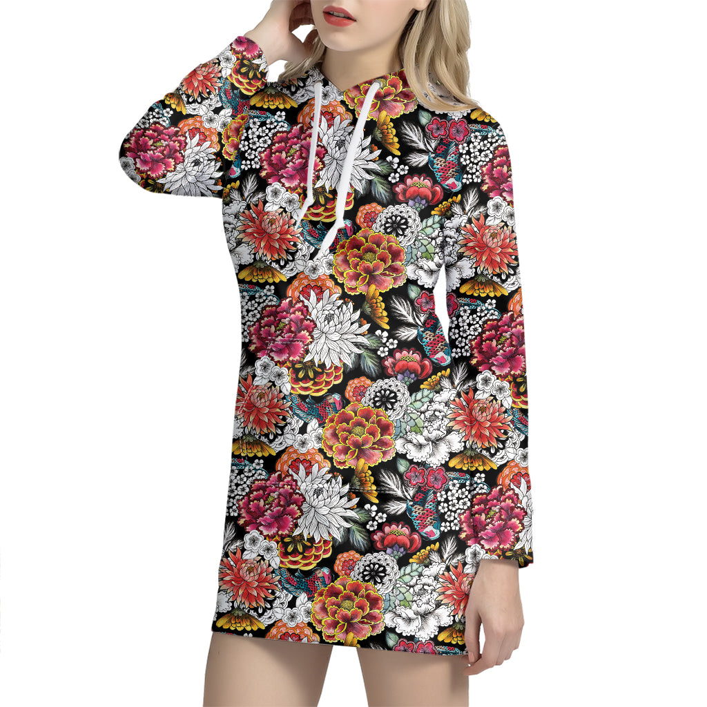 Asian Chrysanthemum Pattern Print Hoodie Dress