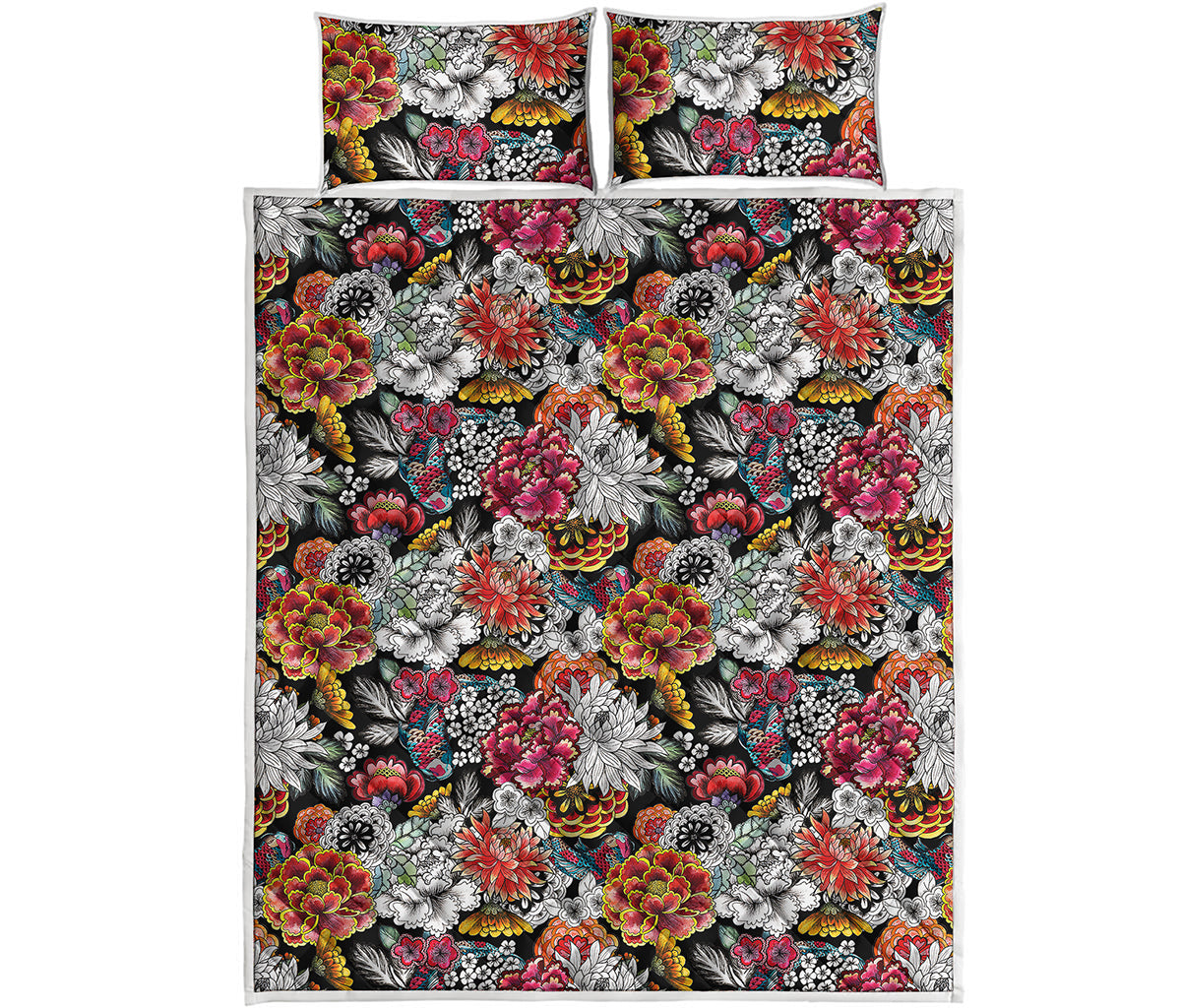 Asian Chrysanthemum Pattern Print Quilt Bed Set