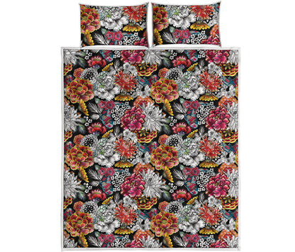 Asian Chrysanthemum Pattern Print Quilt Bed Set