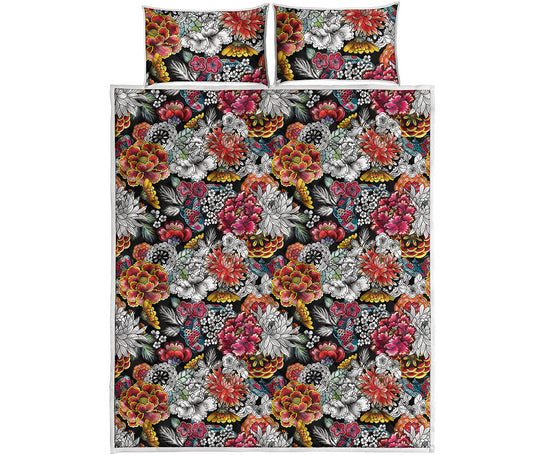 Asian Chrysanthemum Pattern Print Quilt Bed Set