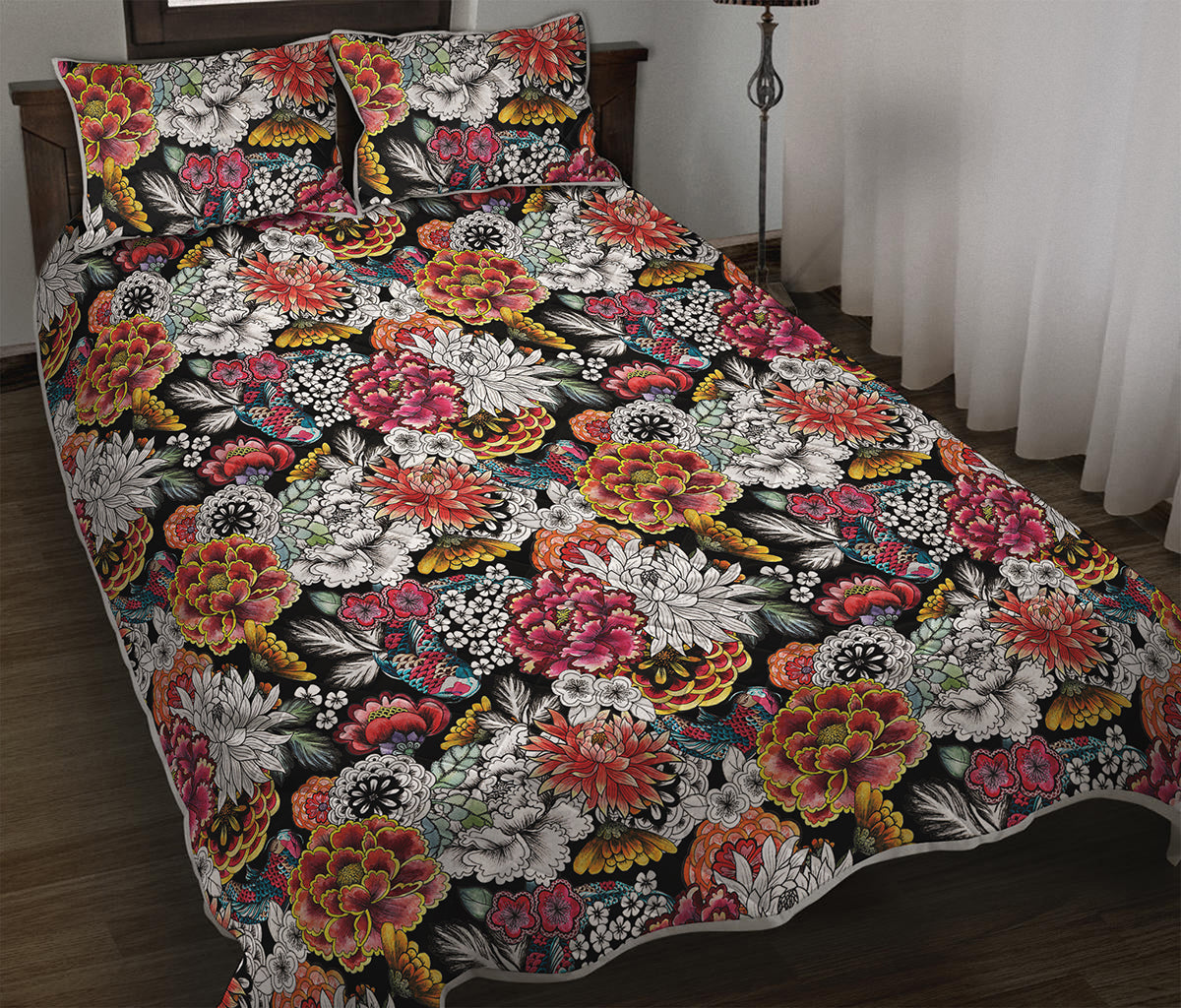 Asian Chrysanthemum Pattern Print Quilt Bed Set