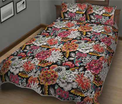 Asian Chrysanthemum Pattern Print Quilt Bed Set