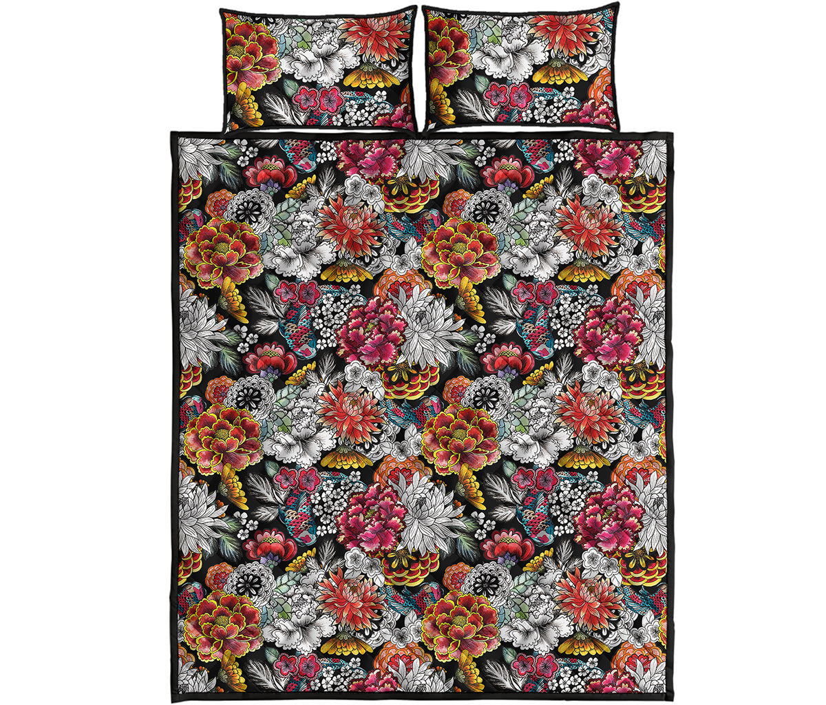 Asian Chrysanthemum Pattern Print Quilt Bed Set