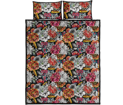 Asian Chrysanthemum Pattern Print Quilt Bed Set
