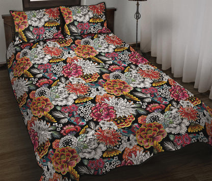 Asian Chrysanthemum Pattern Print Quilt Bed Set
