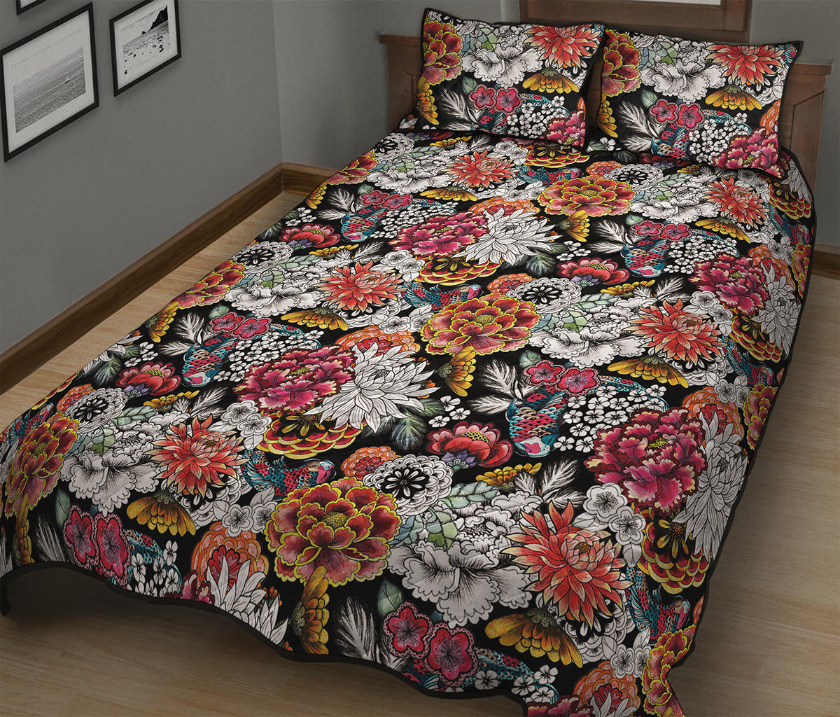 Asian Chrysanthemum Pattern Print Quilt Bed Set