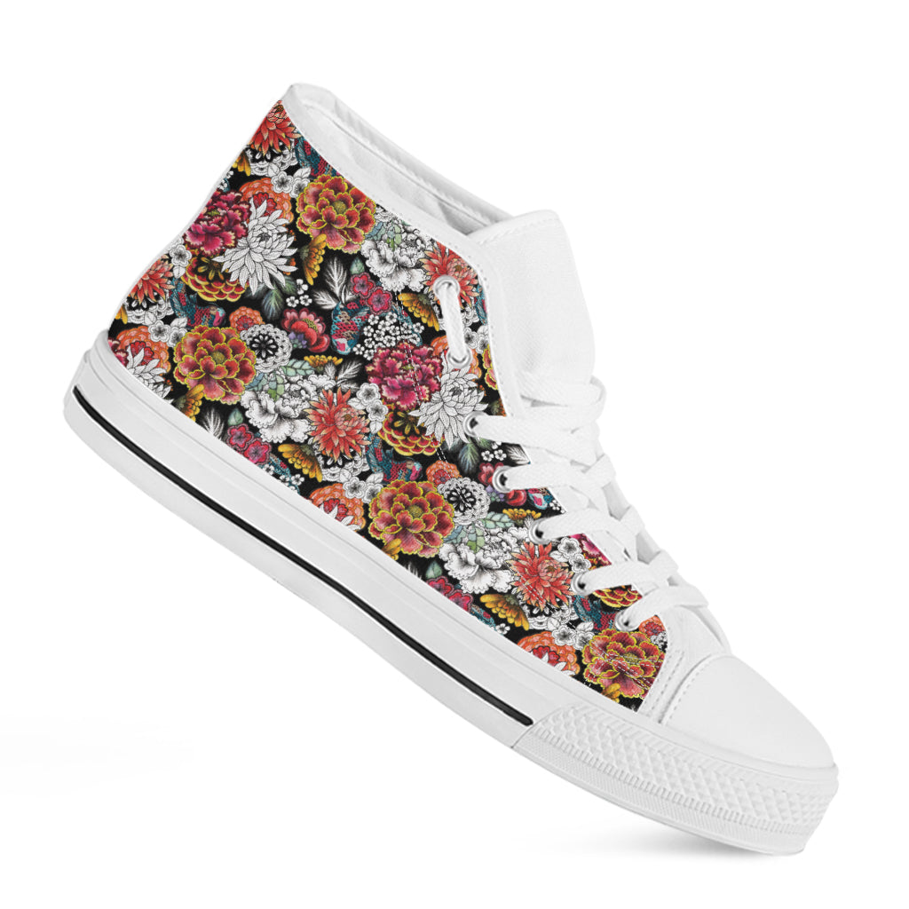 Asian Chrysanthemum Pattern Print White High Top Shoes