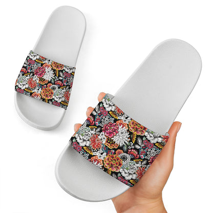 Asian Chrysanthemum Pattern Print White Slide Sandals