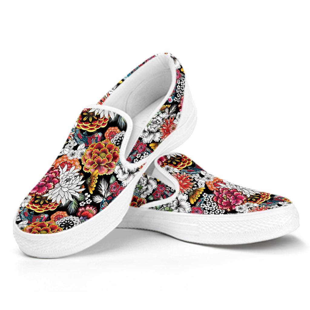 Asian Chrysanthemum Pattern Print White Slip On Shoes