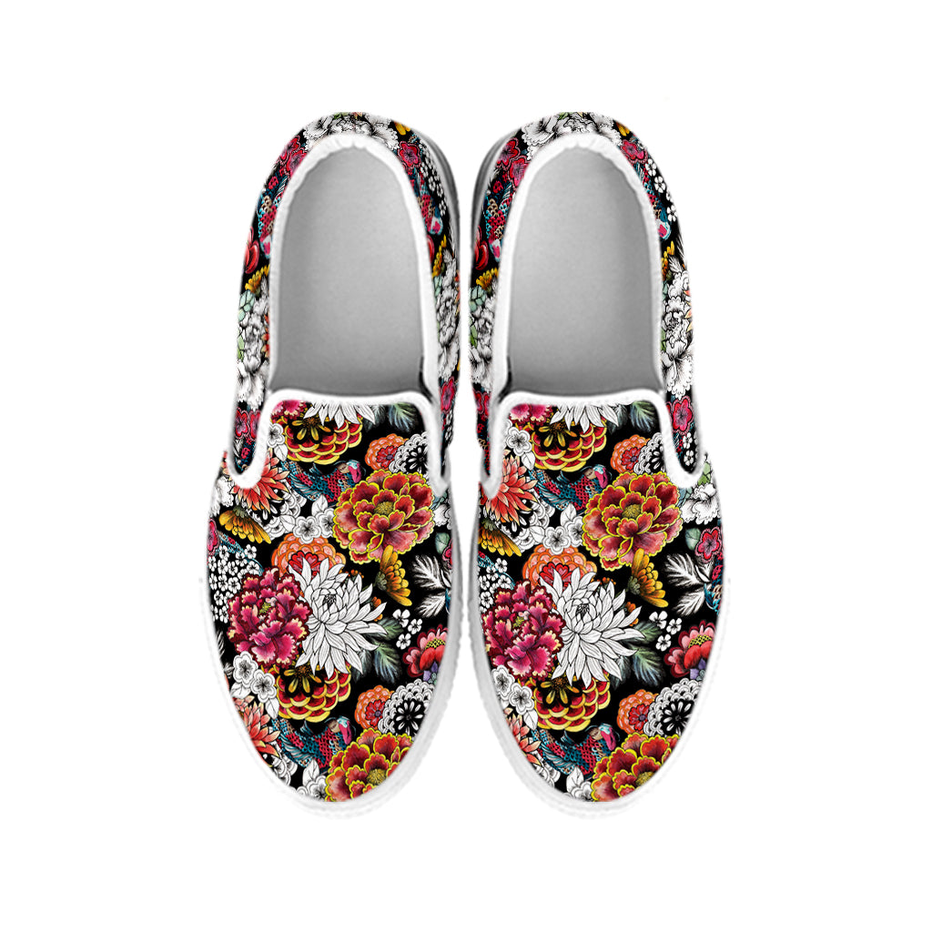 Asian Chrysanthemum Pattern Print White Slip On Shoes