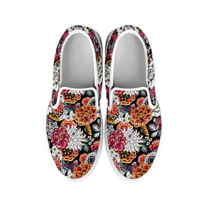 Asian Chrysanthemum Pattern Print White Slip On Shoes