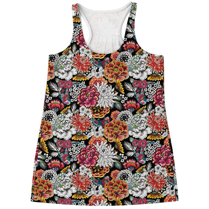 Asian Chrysanthemum Pattern Print Women's Racerback Tank Top