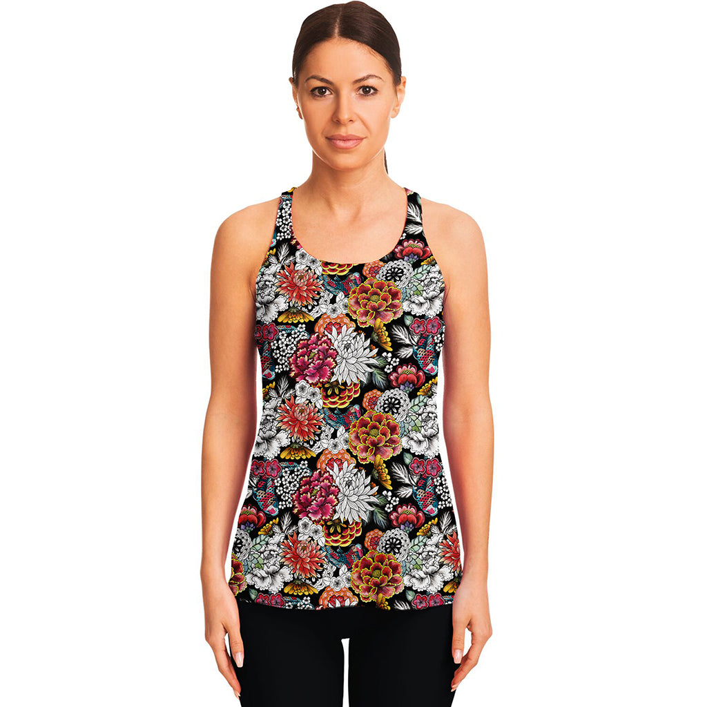 Asian Chrysanthemum Pattern Print Women's Racerback Tank Top