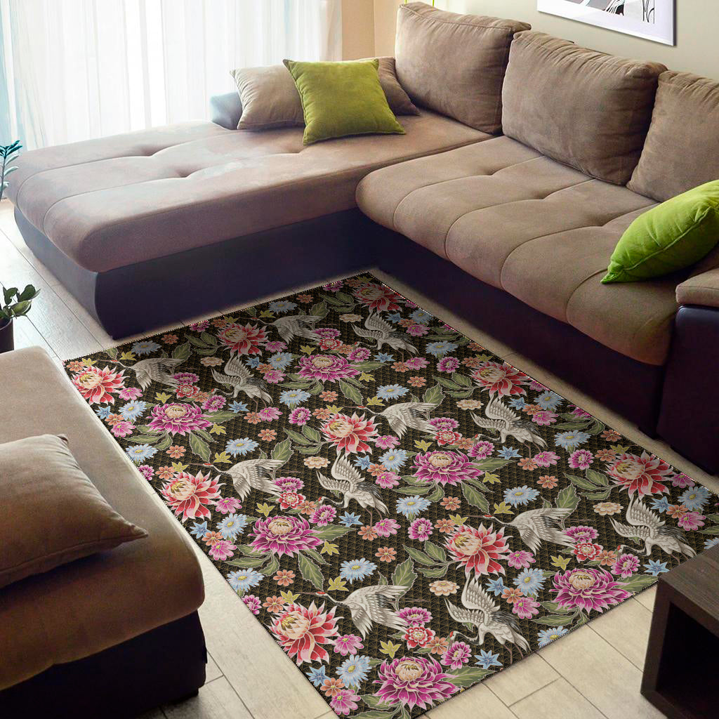 Asian Crane Bird Pattern Print Area Rug