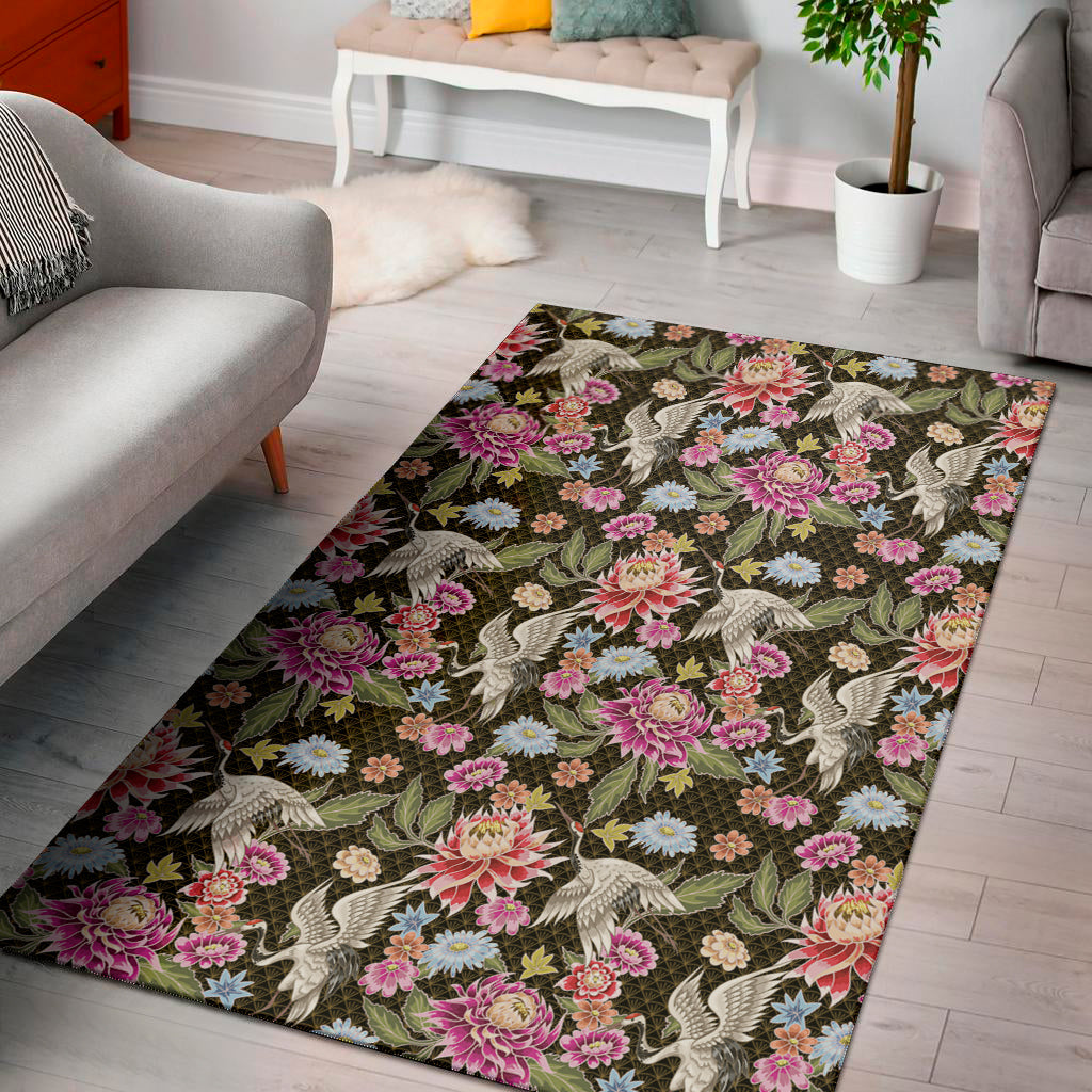Asian Crane Bird Pattern Print Area Rug