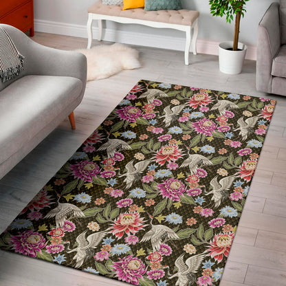 Asian Crane Bird Pattern Print Area Rug