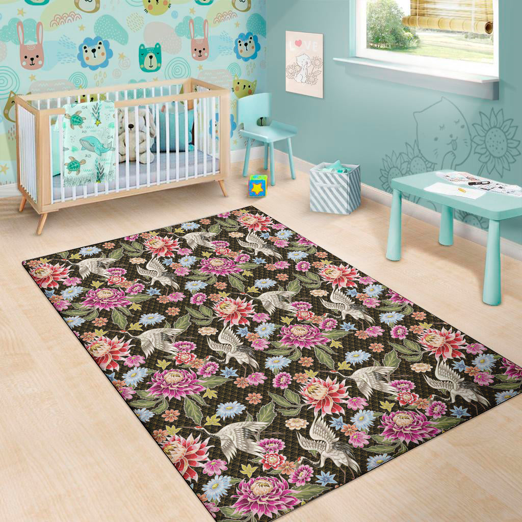 Asian Crane Bird Pattern Print Area Rug