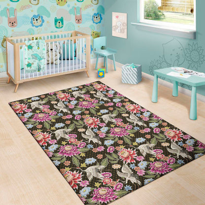 Asian Crane Bird Pattern Print Area Rug