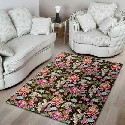 Asian Crane Bird Pattern Print Area Rug