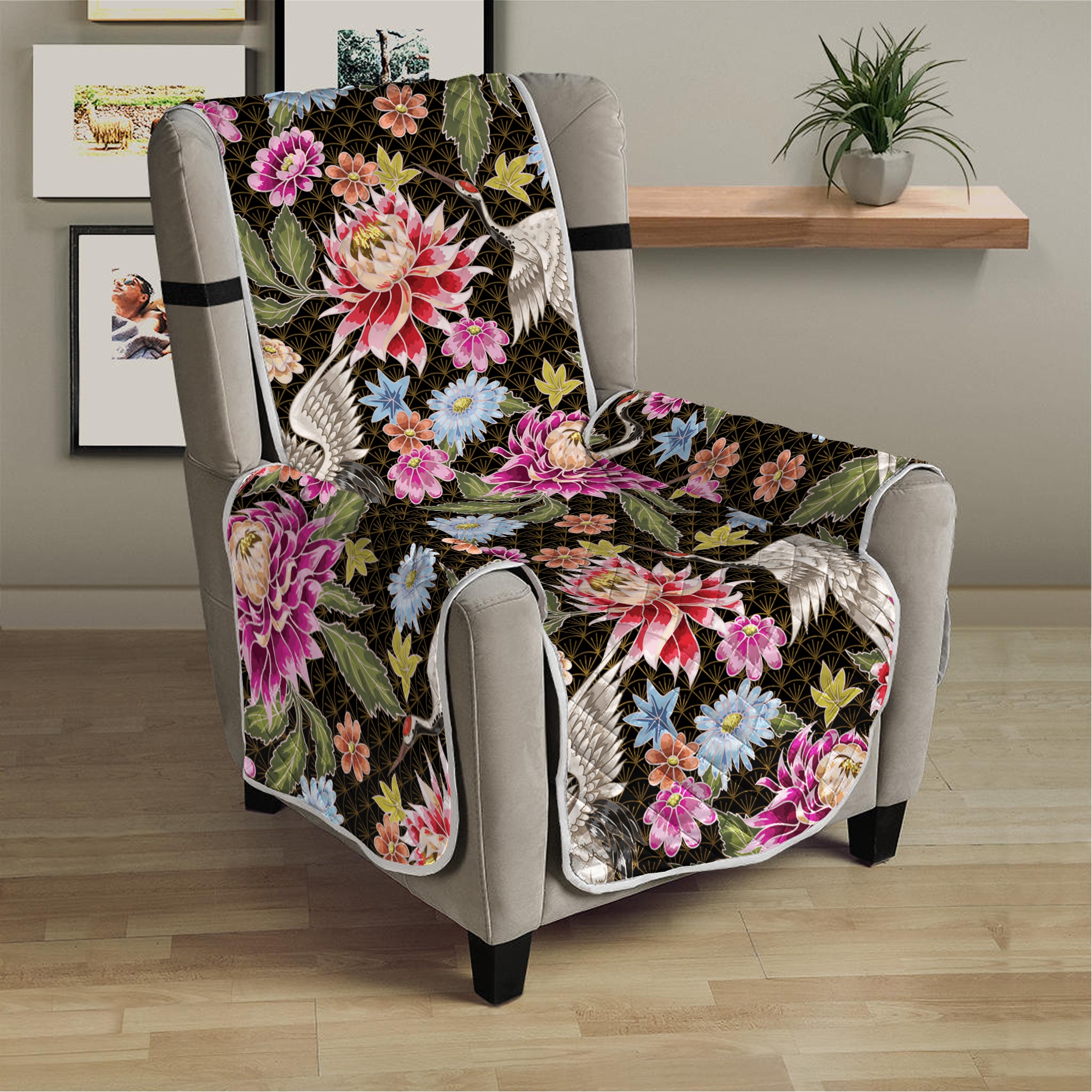 Asian Crane Bird Pattern Print Armchair Protector