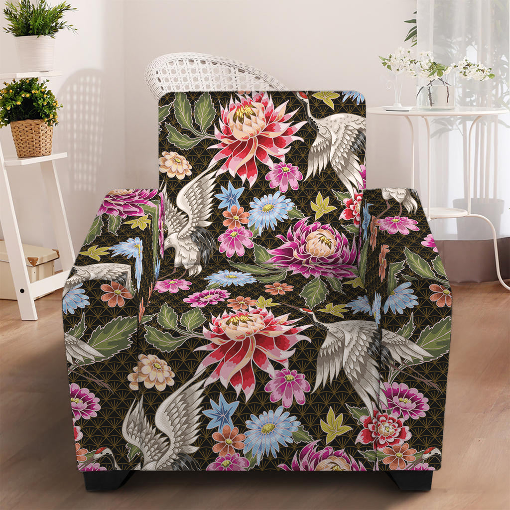 Asian Crane Bird Pattern Print Armchair Slipcover