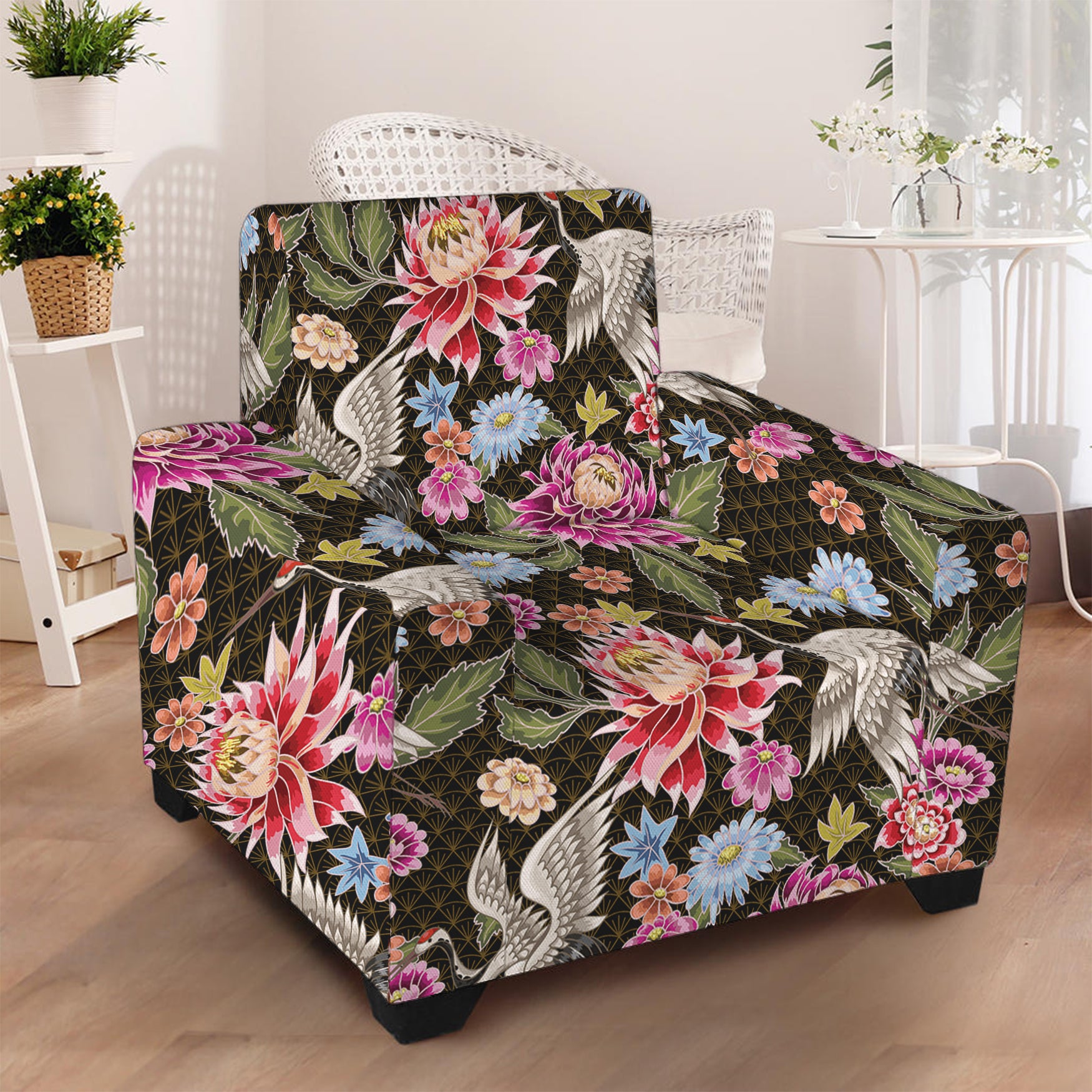 Asian Crane Bird Pattern Print Armchair Slipcover