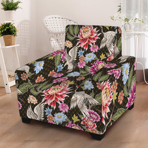 Asian Crane Bird Pattern Print Armchair Slipcover