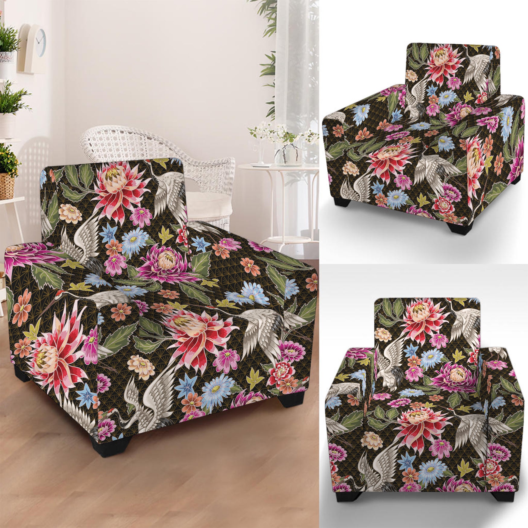 Asian Crane Bird Pattern Print Armchair Slipcover