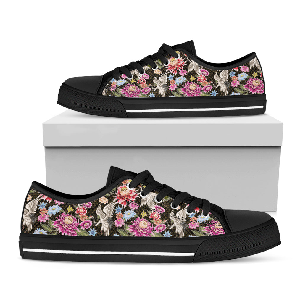 Asian Crane Bird Pattern Print Black Low Top Shoes