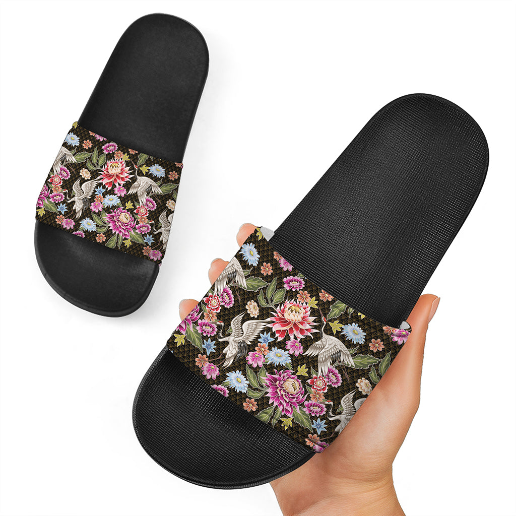 Asian Crane Bird Pattern Print Black Slide Sandals