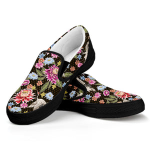 Asian Crane Bird Pattern Print Black Slip On Shoes